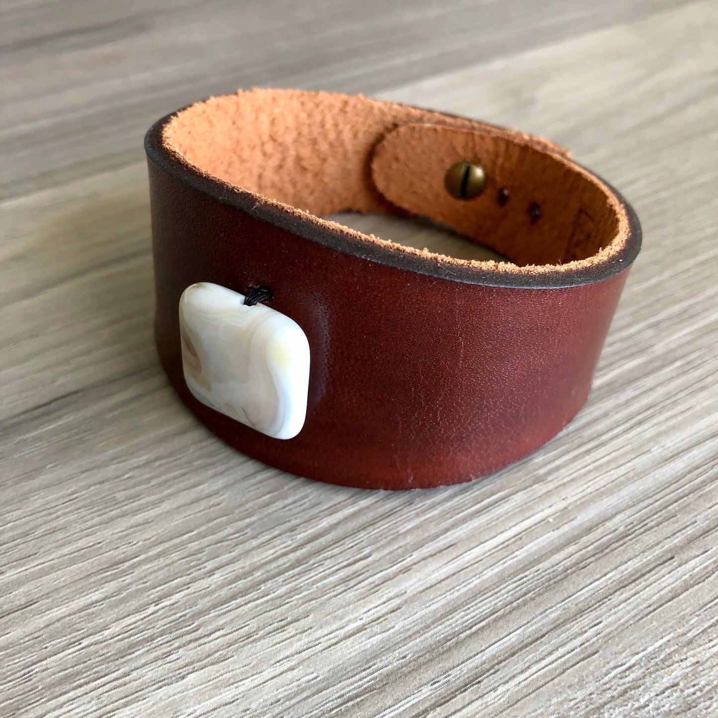 Brown Leather Bracelet with White Agate Bead