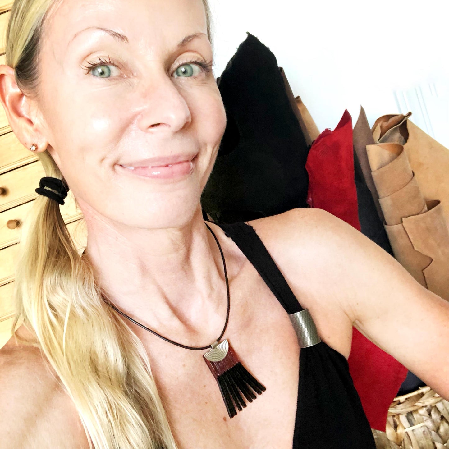 Black and Brown Leather Fringe Necklace