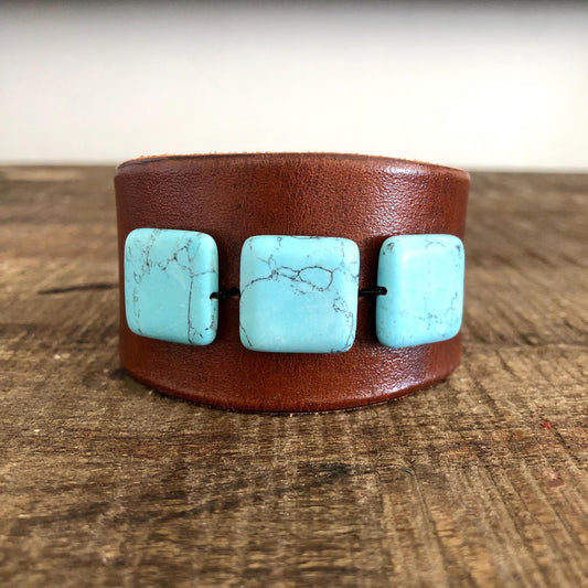 Brown Leather Bracelet with Turquoise Colored Beads