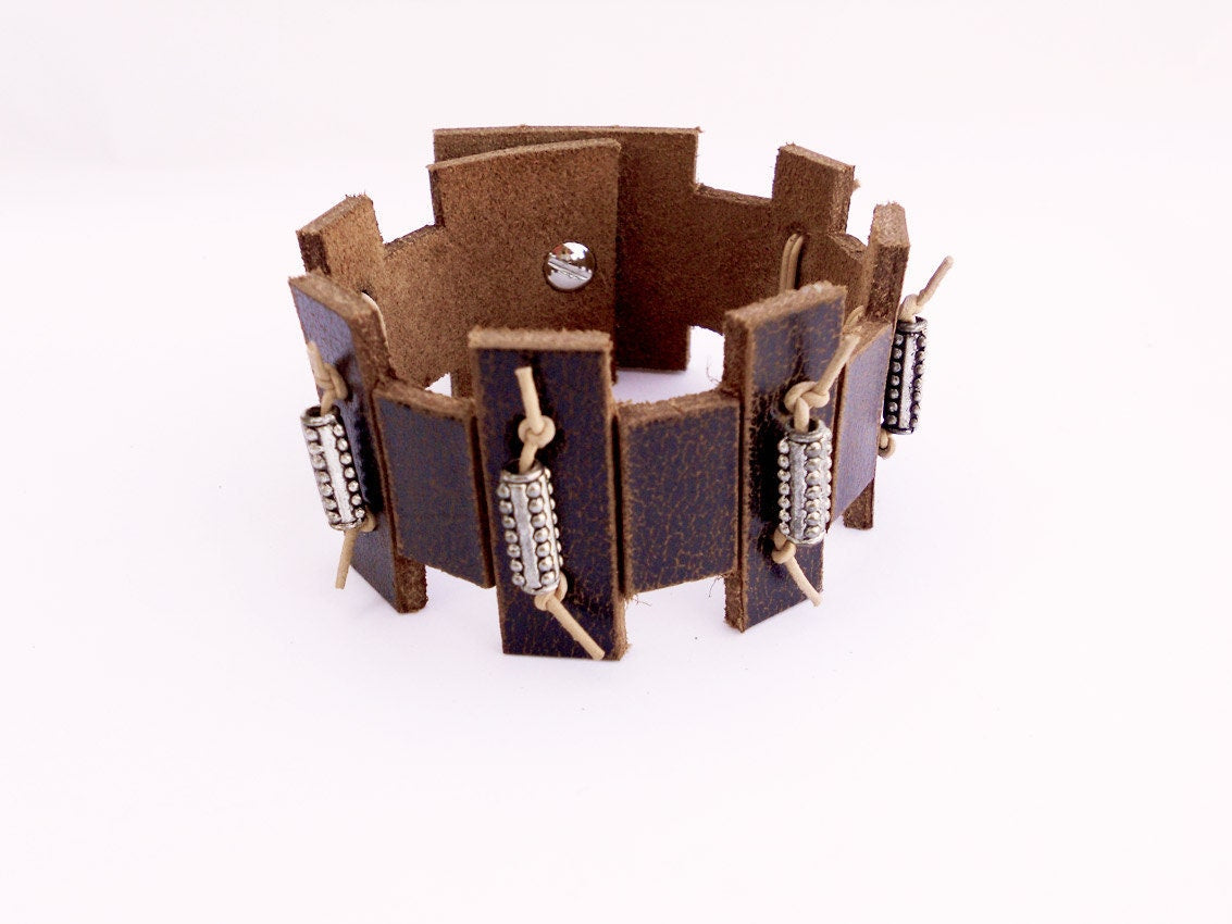 Brown Distressed Leather Bracelet with Beads