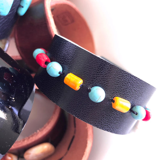 Black Leather Bracelet with Turkish Glass Beads and Turquoise Beads