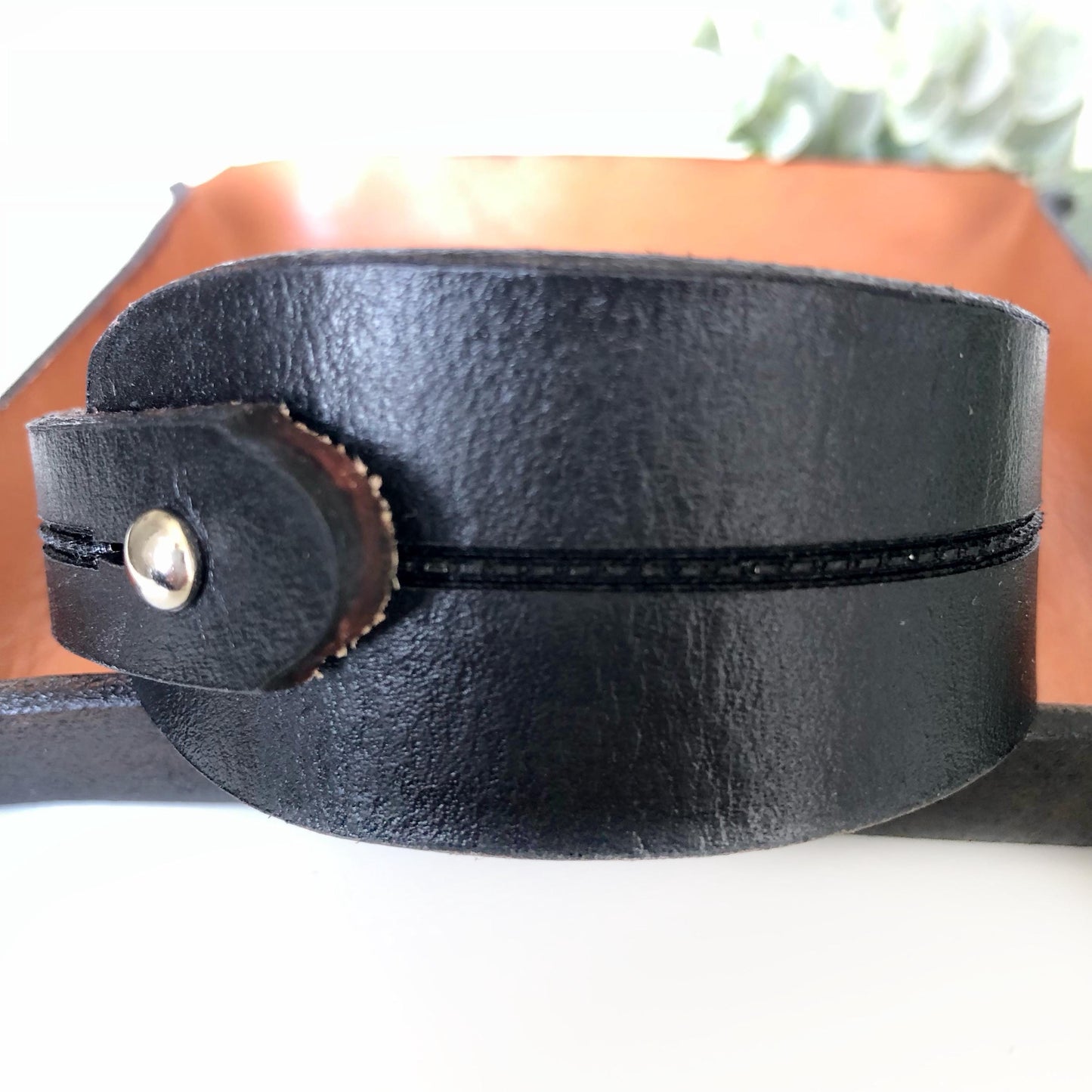 Classic Black Leather Bracelet for Men Handmade from Rawhide Leather