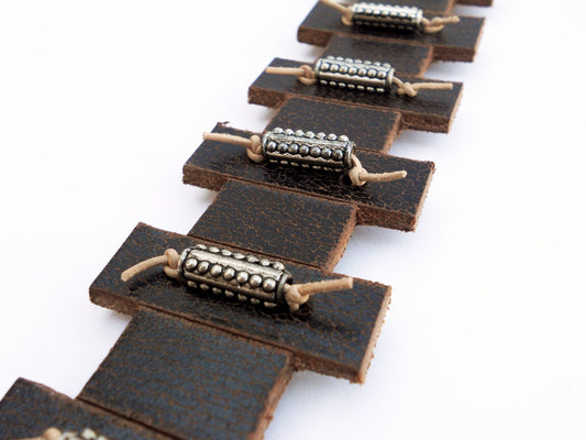 Brown Distressed Leather Bracelet with Beads