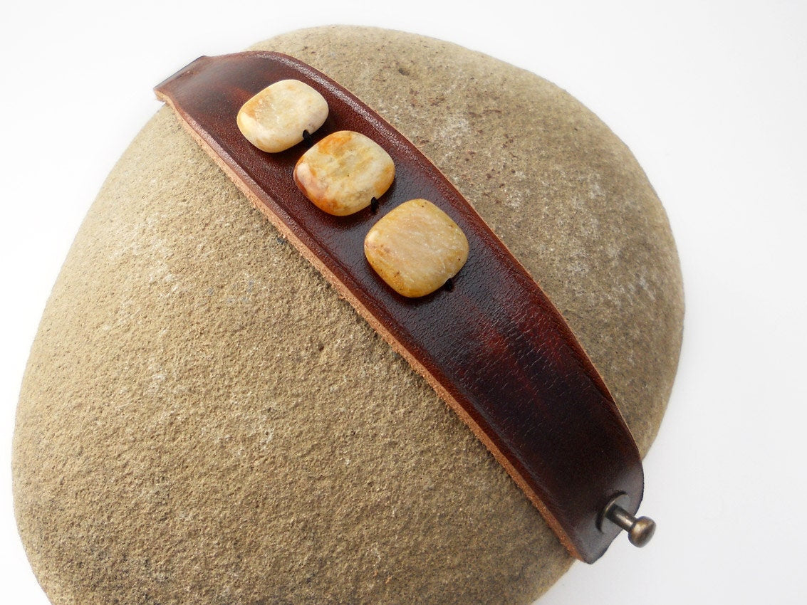 Brown Leather Bracelet Cuff with Yellow Jade Stone Beads