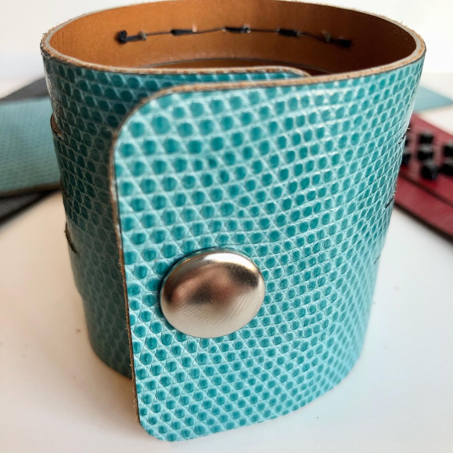 Turquoise Leather Slit Cuff with Beads