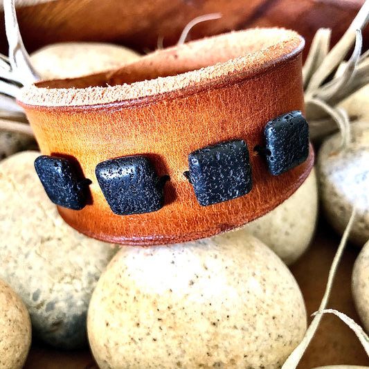 Brown Leather Bracelet with Black Lava Stone Beads