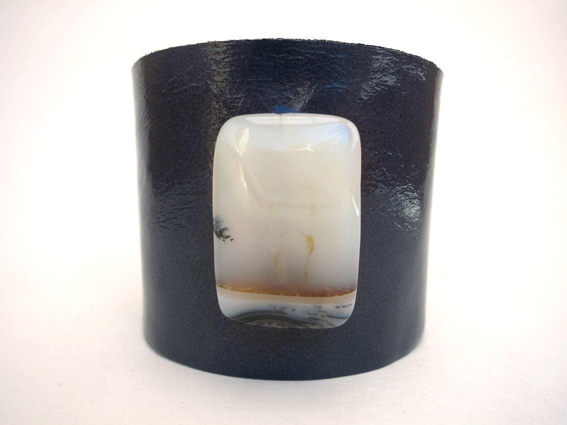 Navy Blue Leather Bracelet with White Carnelian Bead