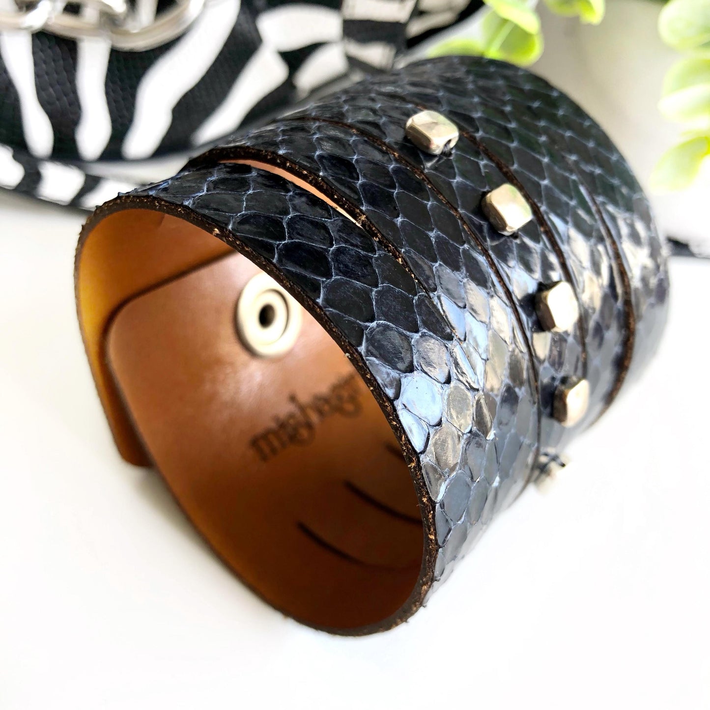 Navy Blue Snakeskin Leather Wrist Cuff with Slits