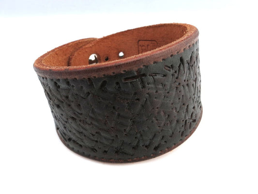 Hand Embossed Black and Brown Rawhide Unisex Cuff