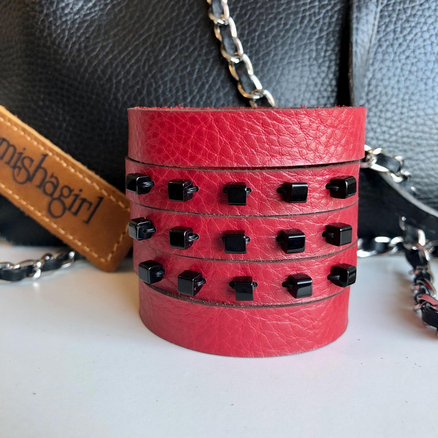 Women's Sexy Red Leather Slit Cuff