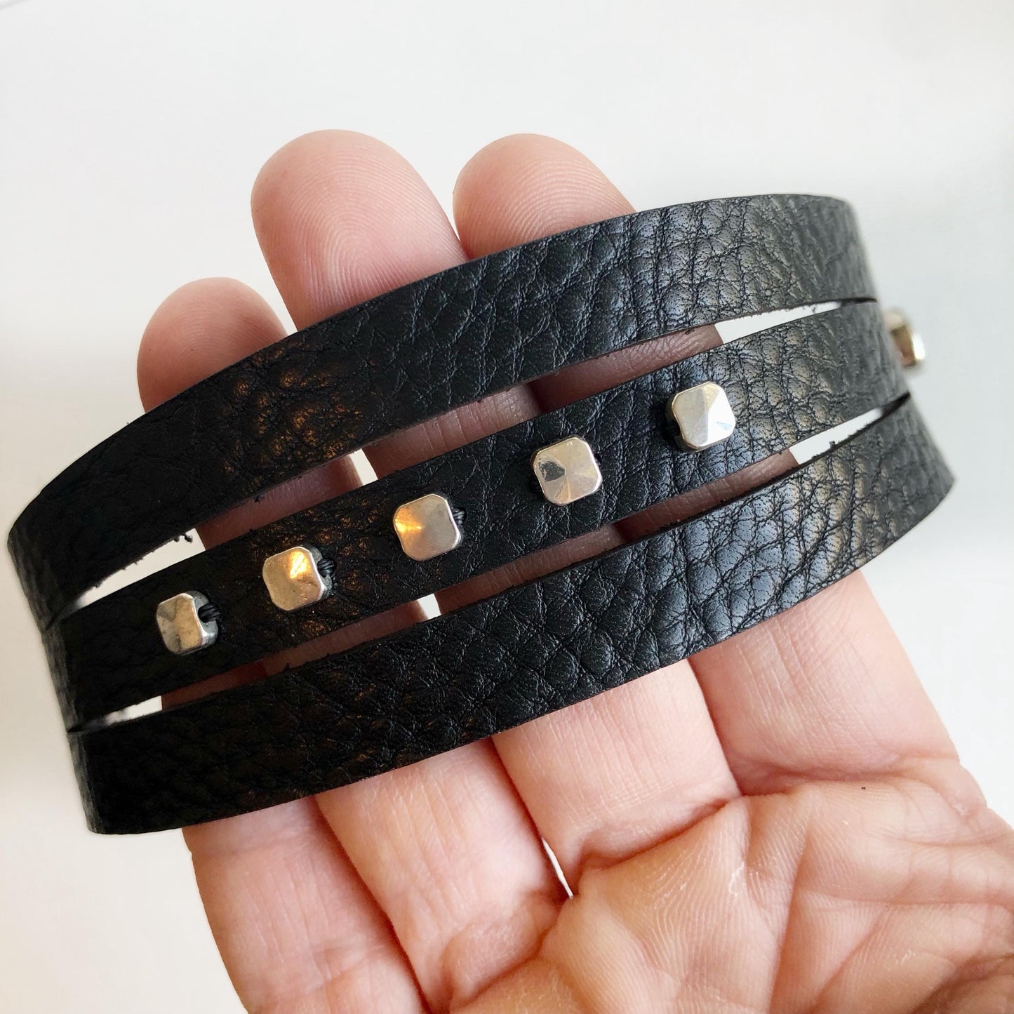 Black Leather Leather Slit Cuff with Beads