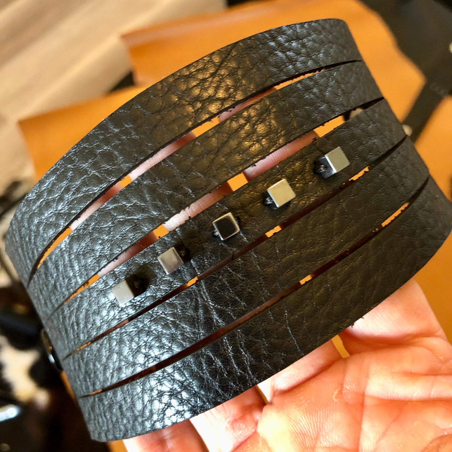 Black Leather Leather Slit Cuff with Beads