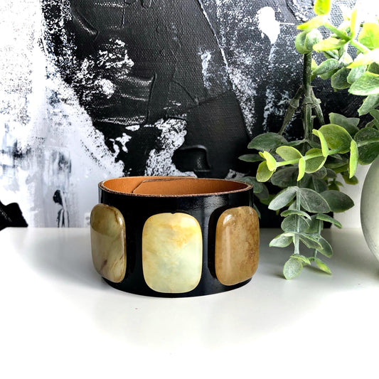 Black Patent Leather Bracelet Cuff with Jade Stone Beads