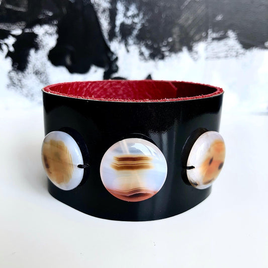 Black Patent Leather Cuff Bracelet with Crystal Agate Beads