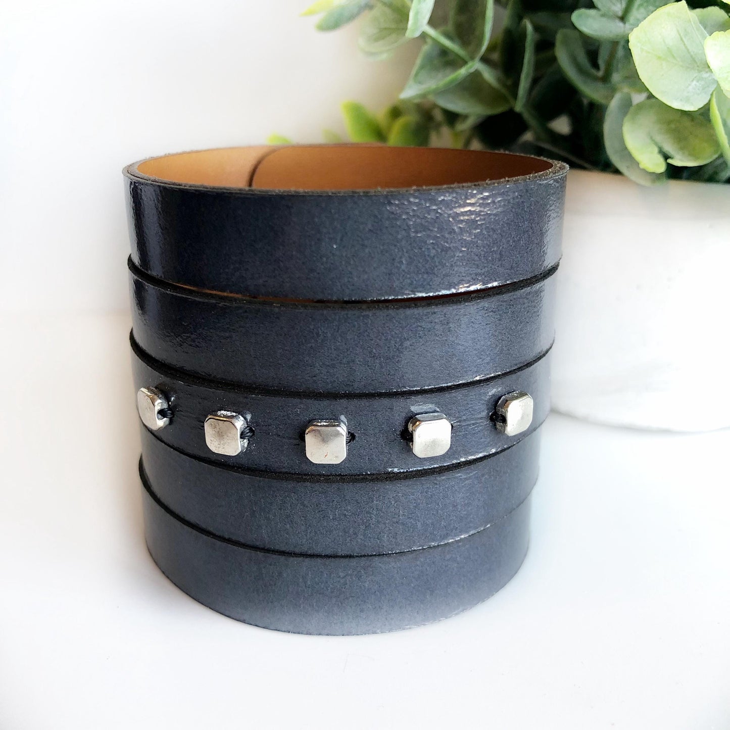 Navy Blue Leather Slit Bracelet with Beads