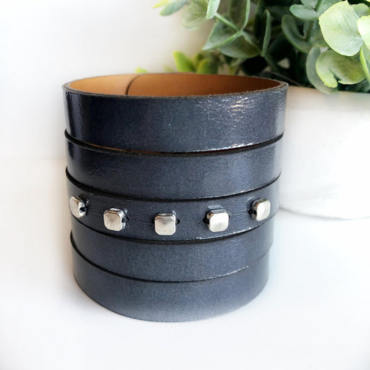 Navy Blue Leather Slit Bracelet with Beads