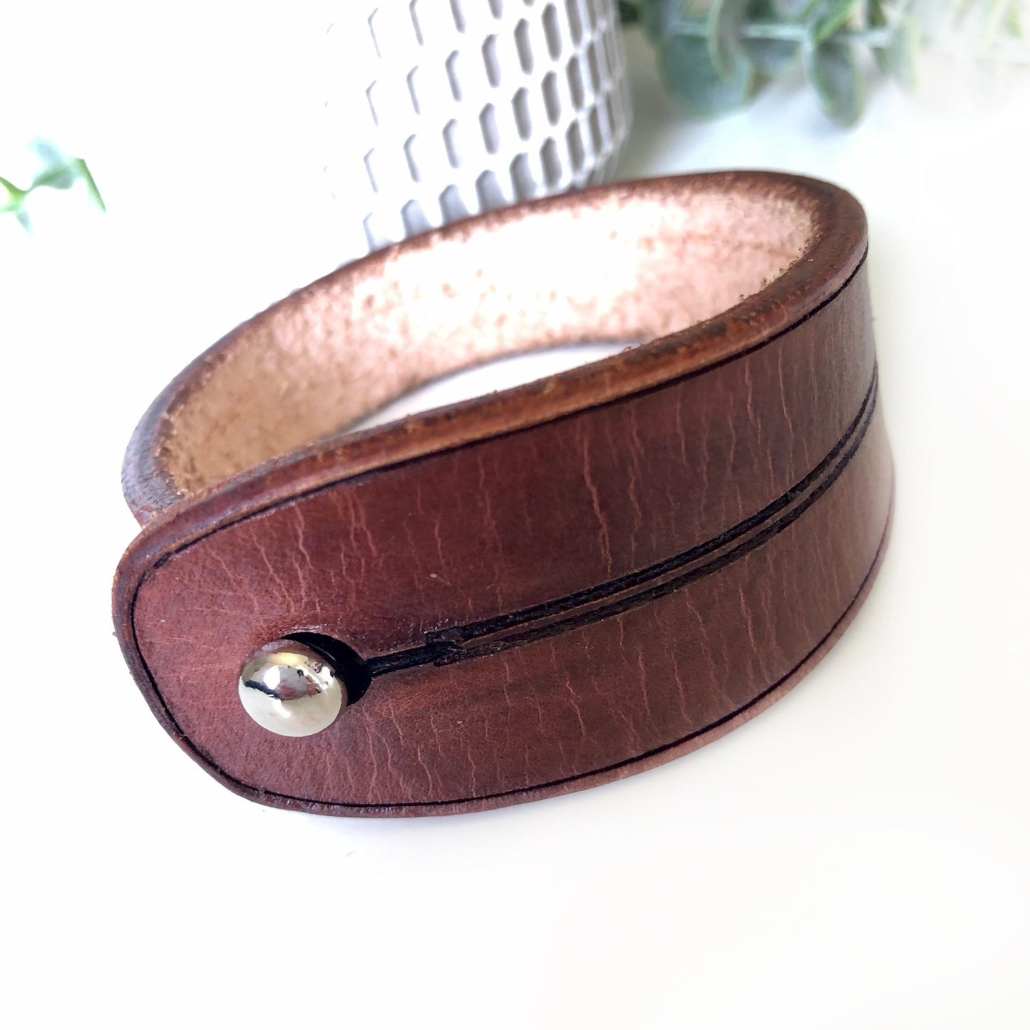 Classic Brown Leather Bracelet for Men Handmade from Rawhide Leather
