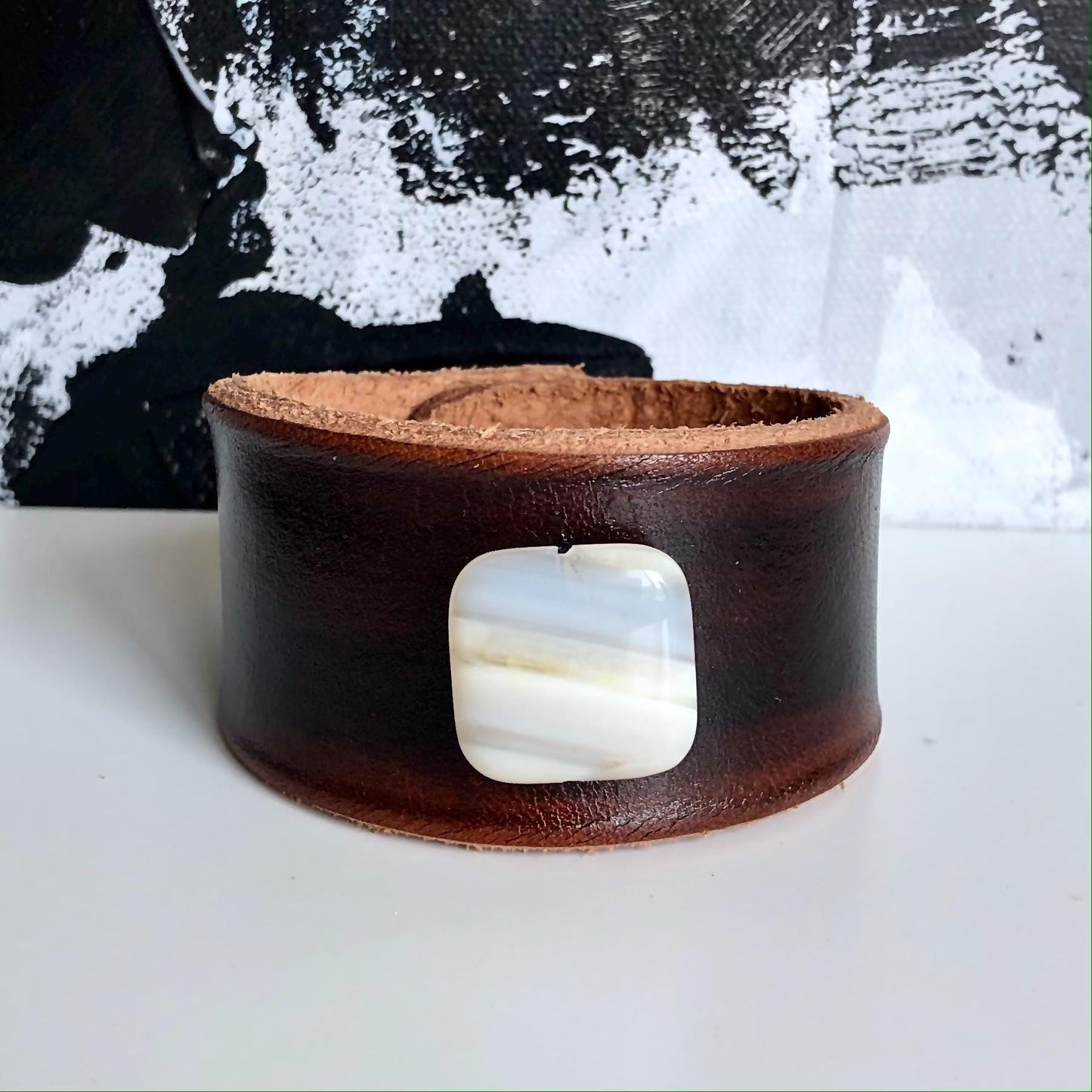Brown Leather Bracelet with White Agate Bead