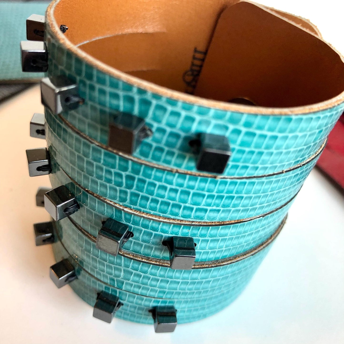 Turquoise Leather Slit Cuff with Beads