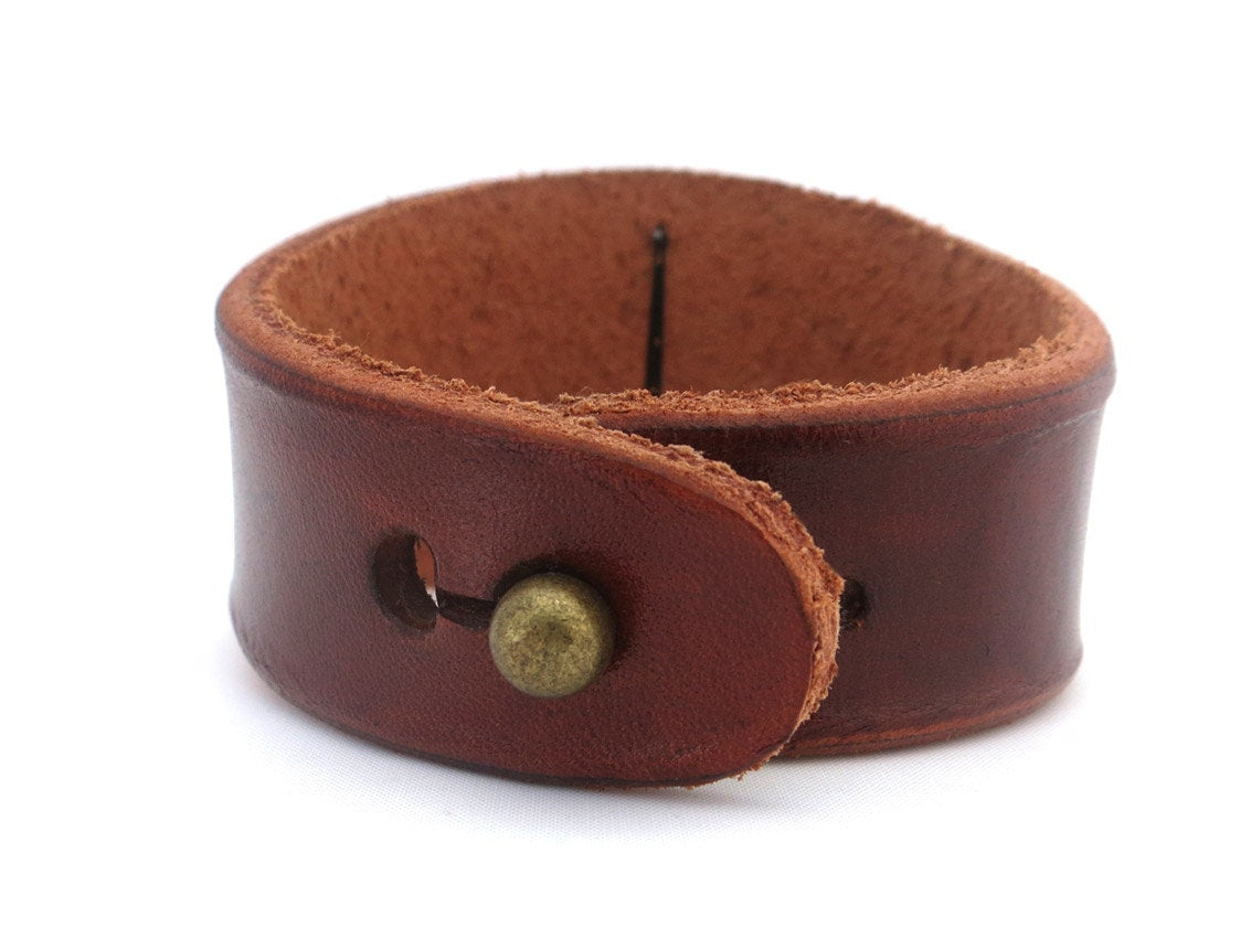 Brown Leather Bracelet Cuff with White Carnelian Stone Bead