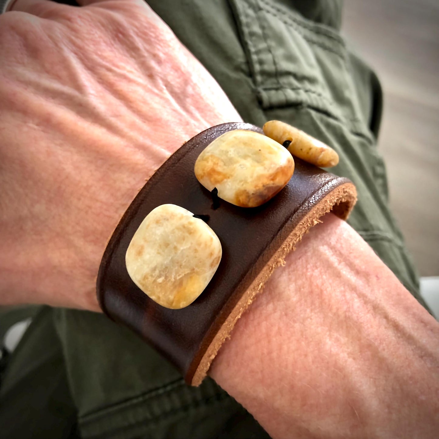 Brown Leather Bracelet Cuff with Yellow Jade Stone Beads