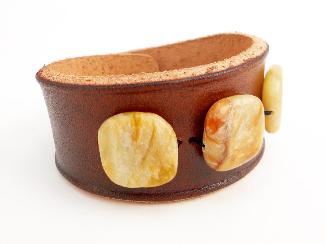 Brown Leather Cuff Bracelet with Honey Colored Jade Stone Beads