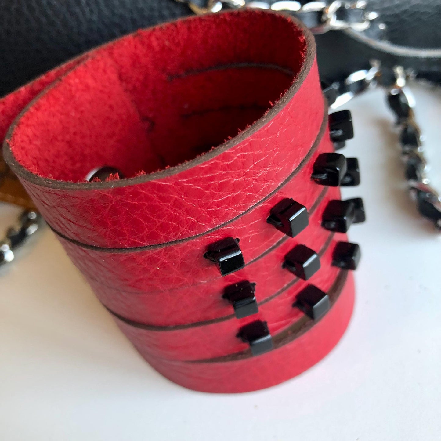 Women's Sexy Red Leather Slit Cuff