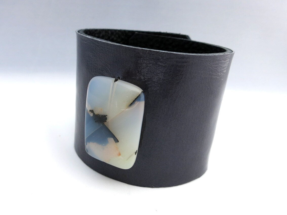 Handmade Navy Blue Leather Cuff Bracelet with Carnelian Stone Bead