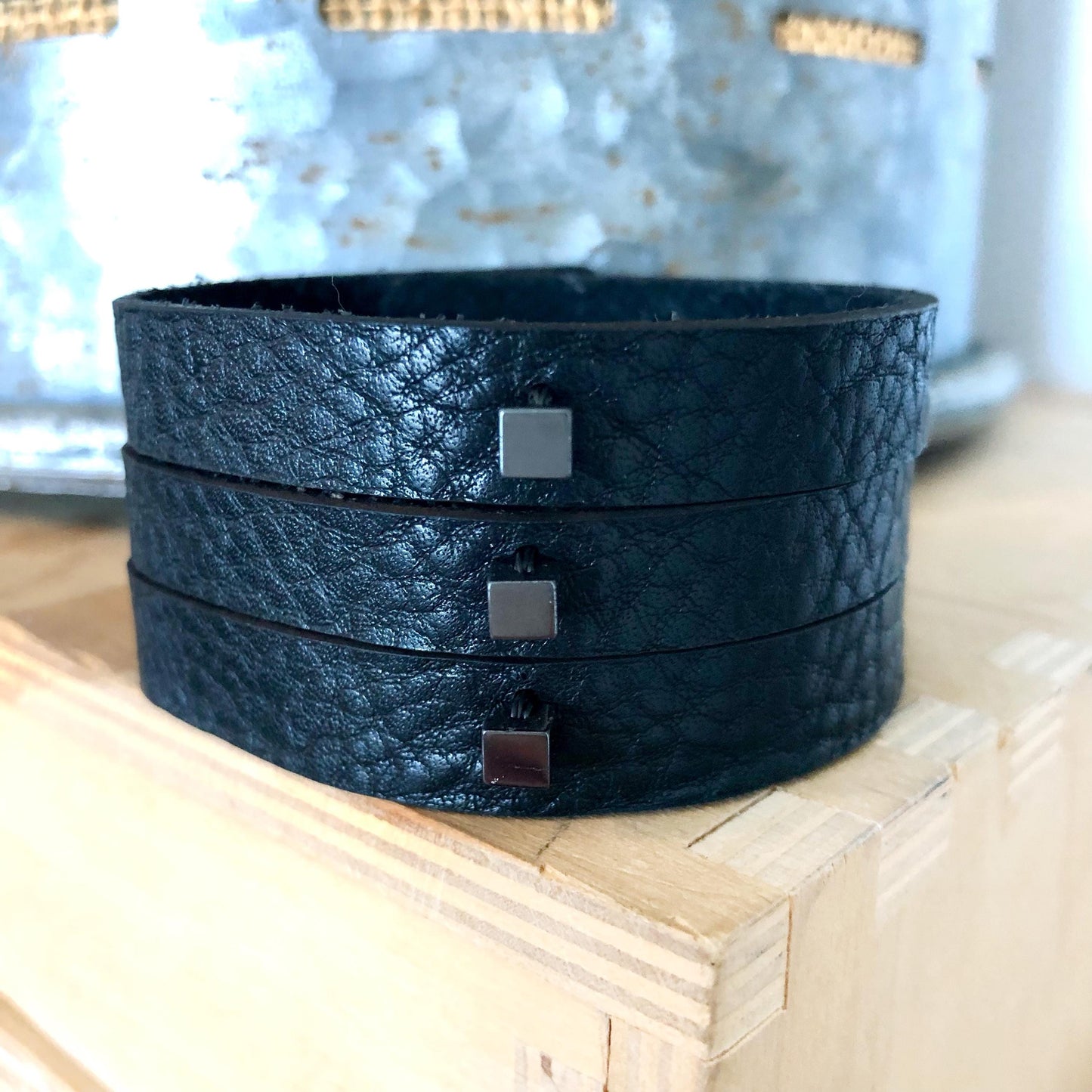 Black Leather Slit Cuff with Beads