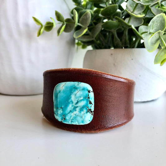 Brown Leather Bracelet with Turquoise Colored Howlite Bead