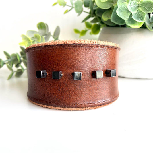 Brown Leather Bracelet Cuff with Hemetite Beads