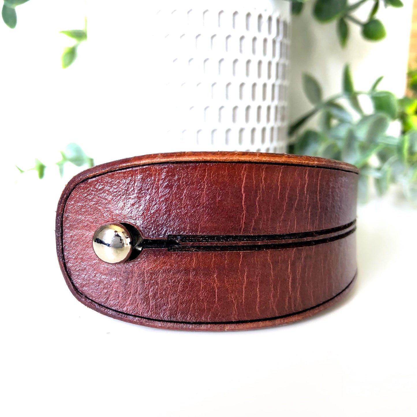 Classic Brown Leather Bracelet for Men Handmade from Rawhide Leather