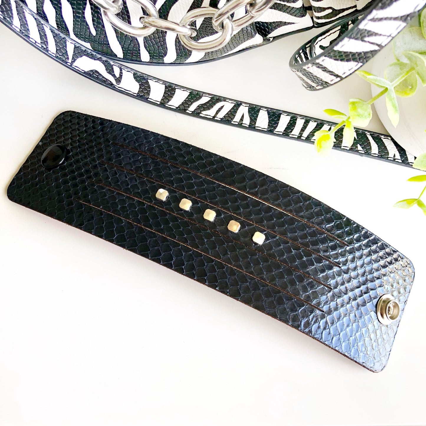 Navy Blue Snakeskin Leather Wrist Cuff with Slits