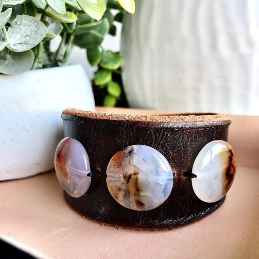 Dark Brown Leather Bracelet with Crystal Agate Beads
