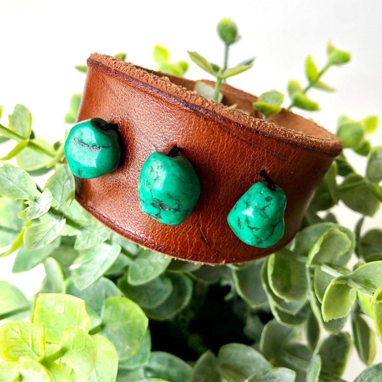 Brown Leather Bracelet Cuff with Teal Beads