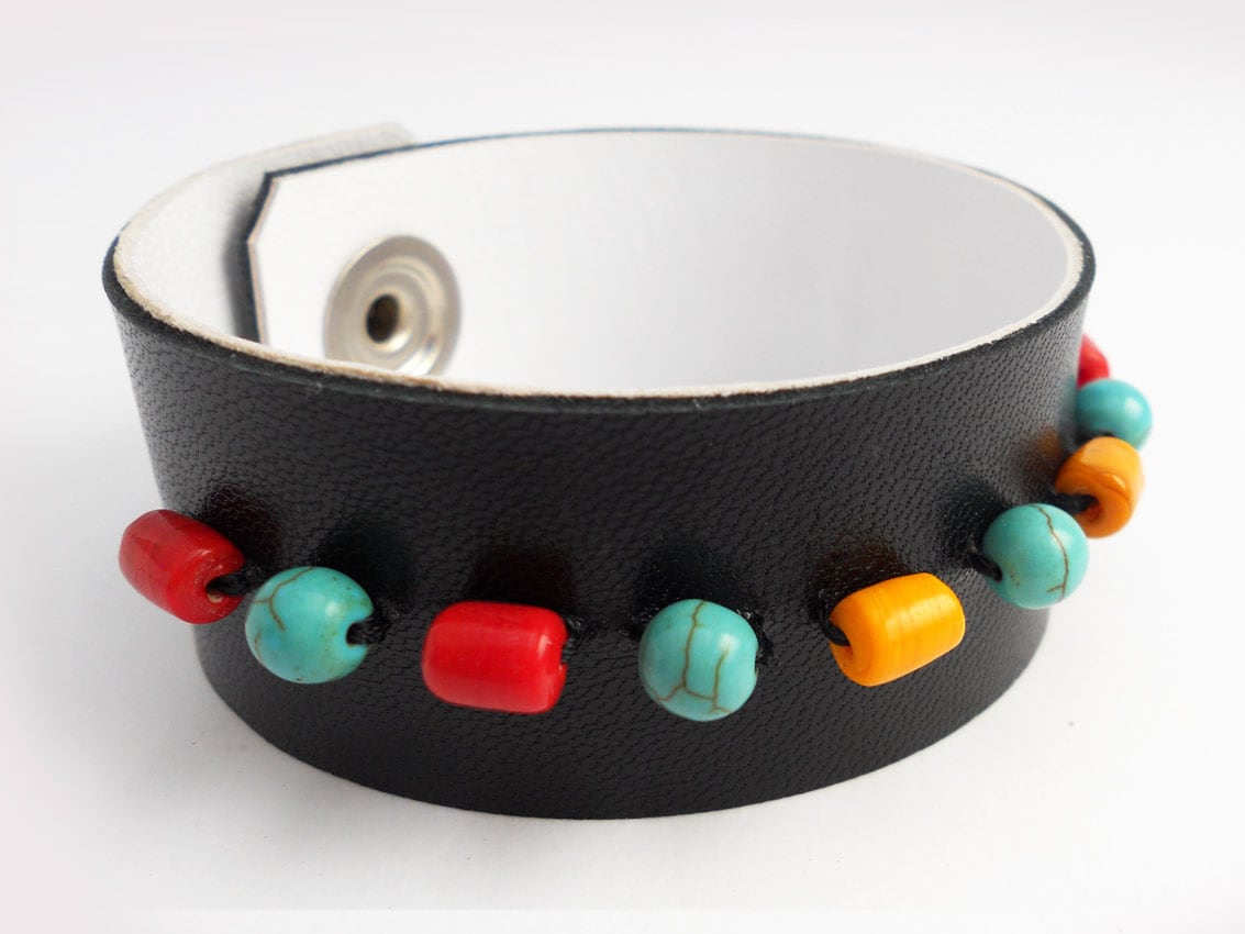 Black Leather Bracelet with Turkish Glass Beads and Turquoise Beads