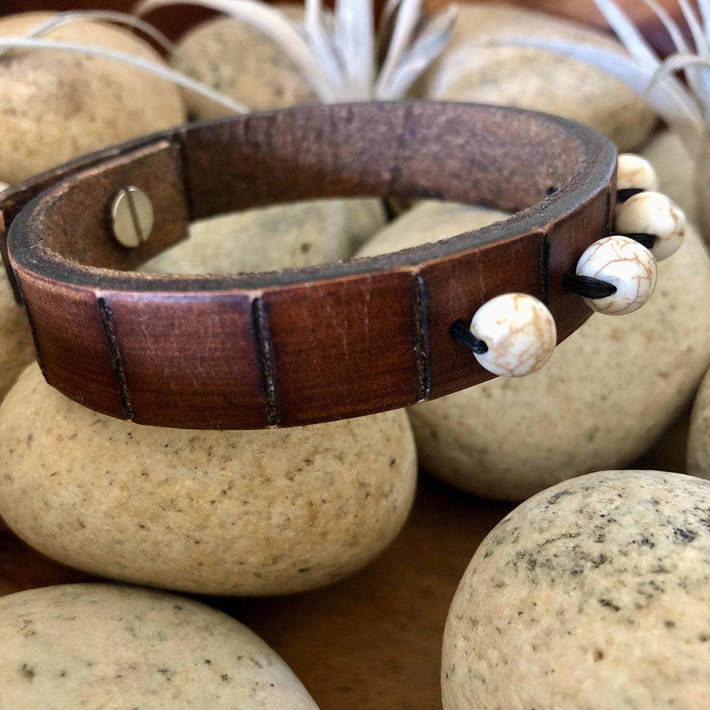 Thin Brown Leather Wristband with White Beads
