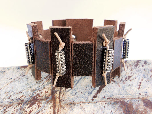 Brown Distressed Leather Bracelet with Beads