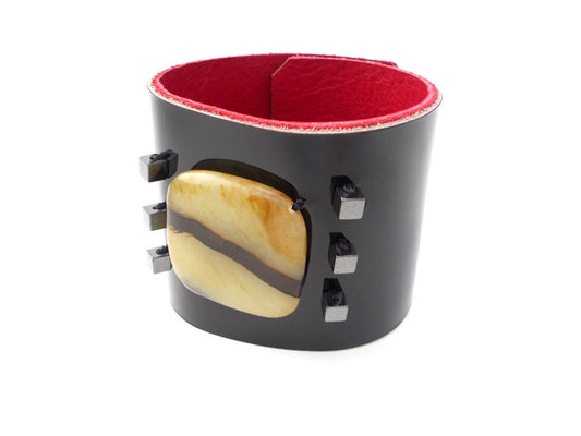One of a Kind Black Patent Leather Bracelet Cuff with Tiger Striped Jade Stone Bead