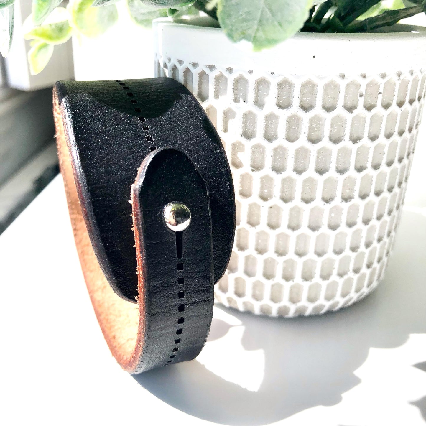 Classic Black Leather Bracelet for Men Handmade from Rawhide Leather