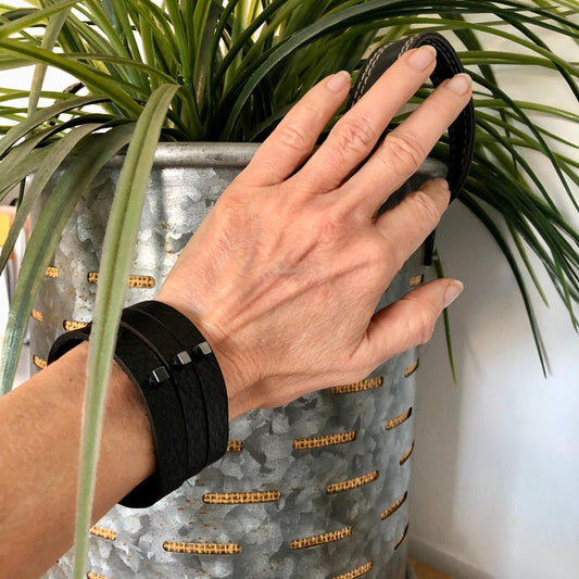 Black Leather Slit Cuff with Beads
