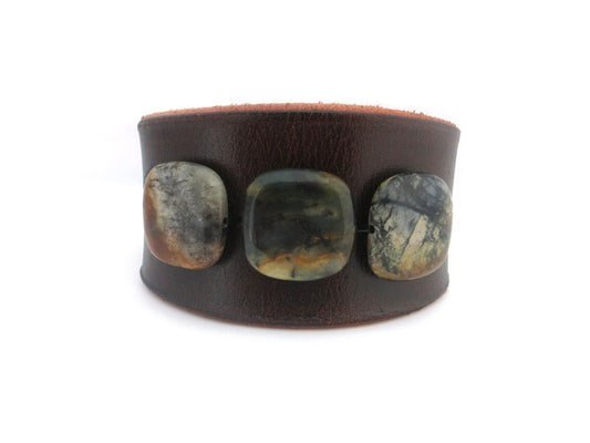 Brown Leather Bracelet with Earthy Jade Stone Beads