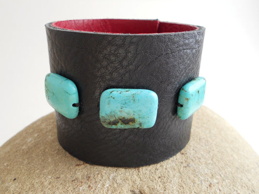 Wide Black Leather Bracelet Cuff with Turquoise Beads