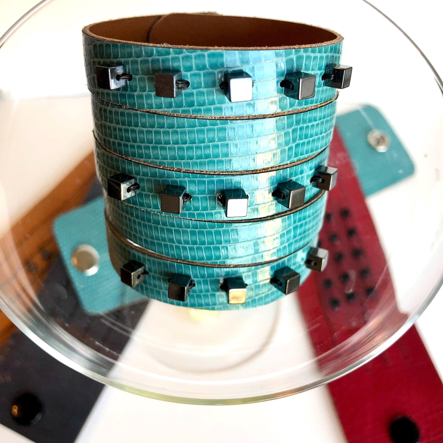 Turquoise Leather Slit Cuff with Beads
