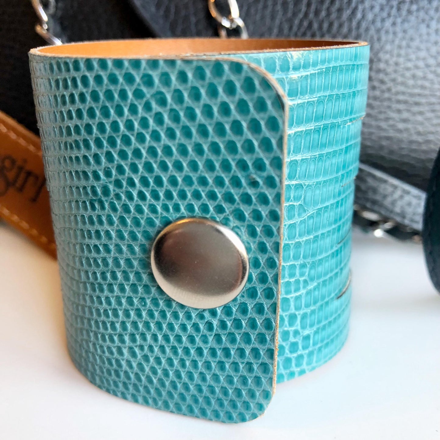 Turquoise Leather Slit Cuff with Beads