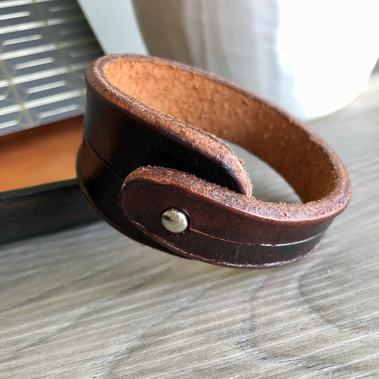 Dark Brown Leather Bracelet for Men Handmade from Rawhide Leather