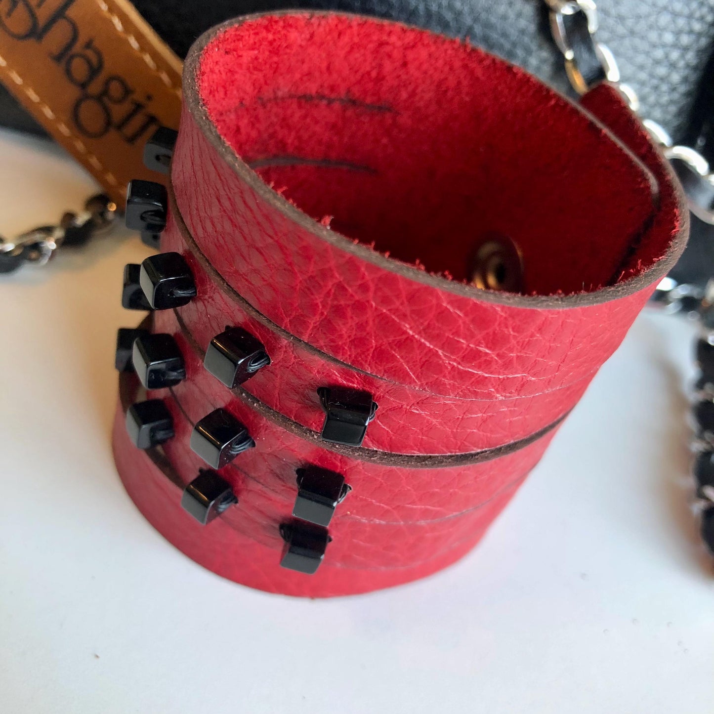 Women's Sexy Red Leather Slit Cuff