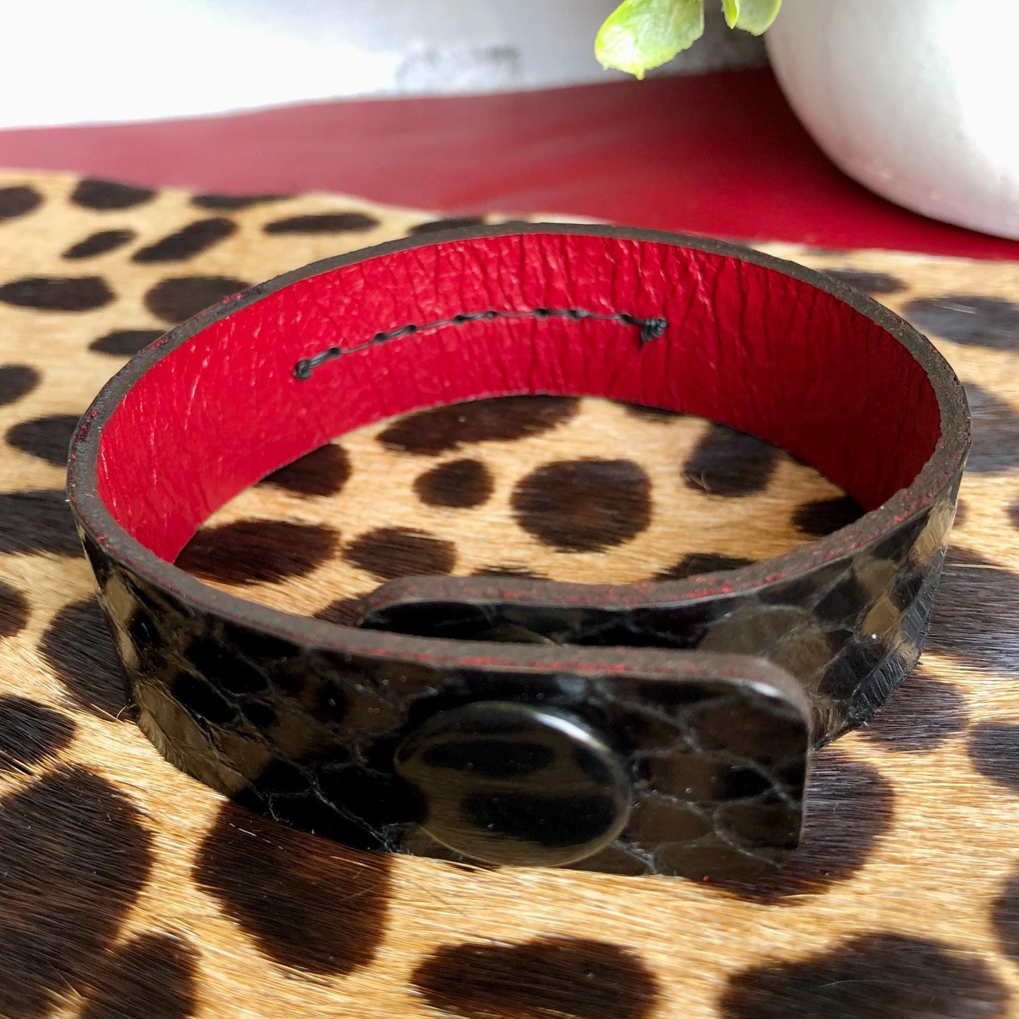 Black Snakeskin Bracelet with Red Beads