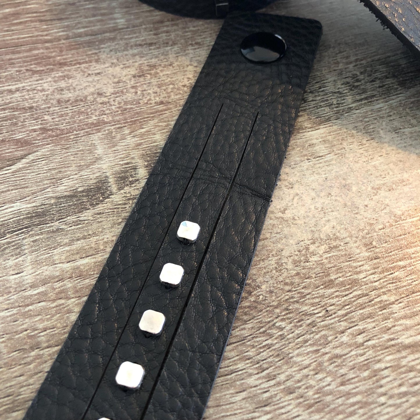 Black Leather Leather Slit Cuff with Beads
