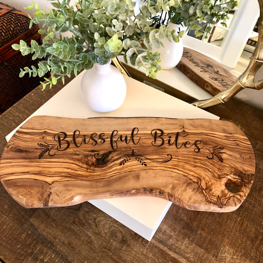 Olive Wood Serving Board: Blissful Bites Laser Etched Appetizer Board